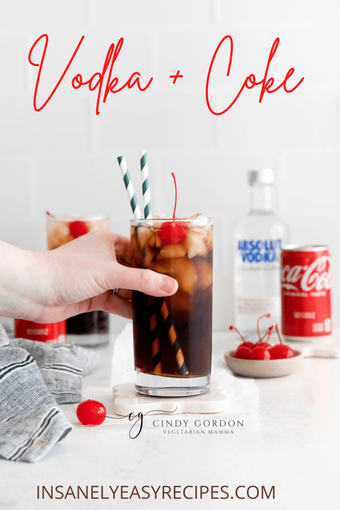 two tall glasses with brown liquid, ice cubes, cherry and straws. In background are two coke can and a vodka bottle. A cherry and bowl of cherries on table with text overlay vodka and coke