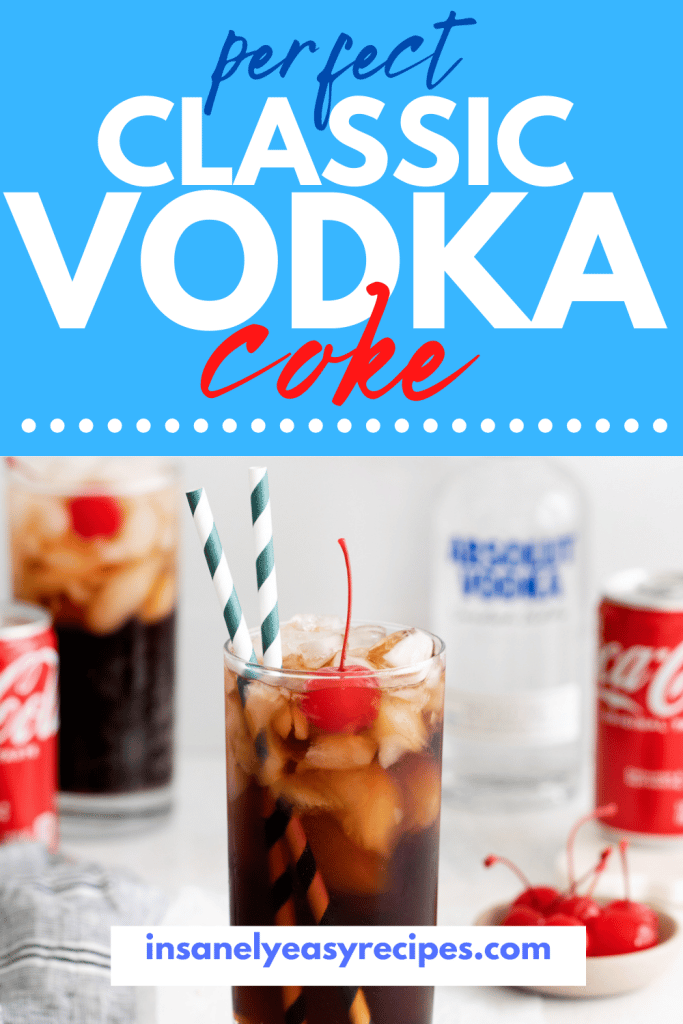 two tall glasses with brown liquid, ice cubes, cherry and straws. In background are two coke can and a vodka bottle. A cherry and bowl of cherries on table with text overlay: easy perfect vodka coke