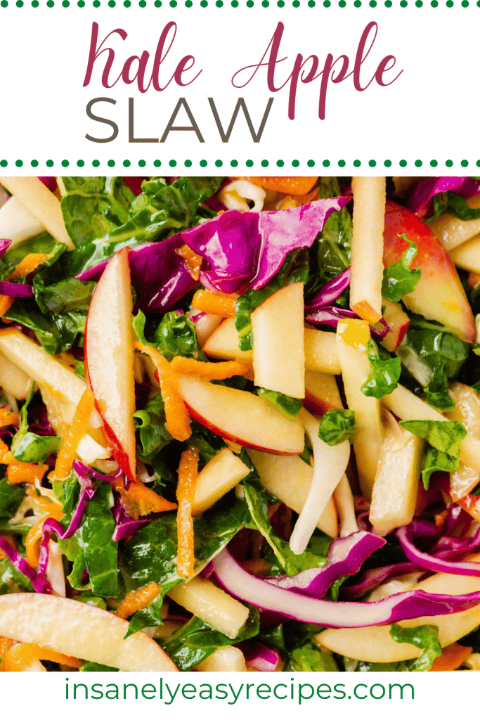 apple slices, purple cabbage, green leaves orange carrot slices with text overlay: kale apple slaw