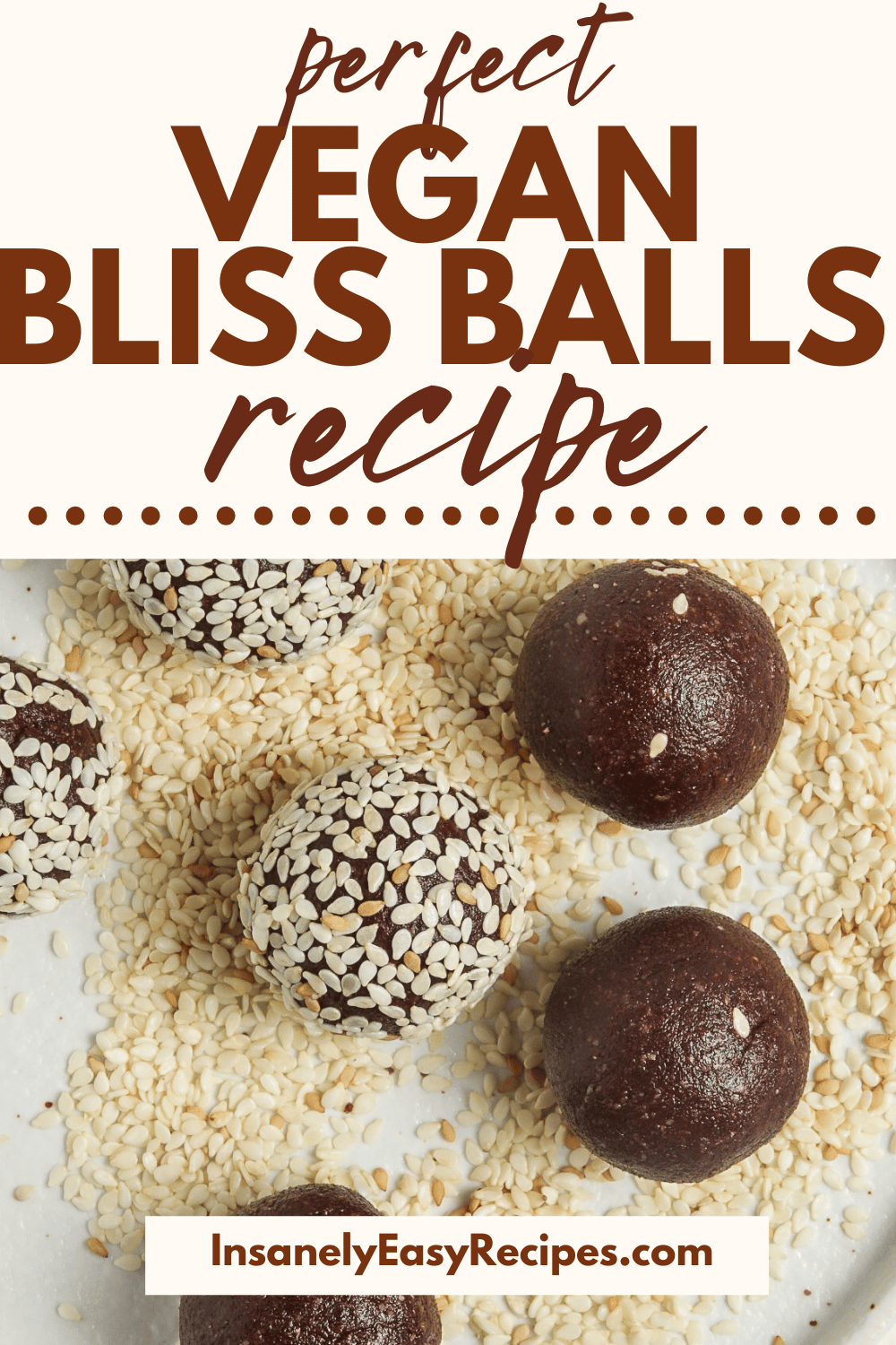 pinterest photo of a closeup shot of bliss balls, some coated in sesame seeds, some uncoated