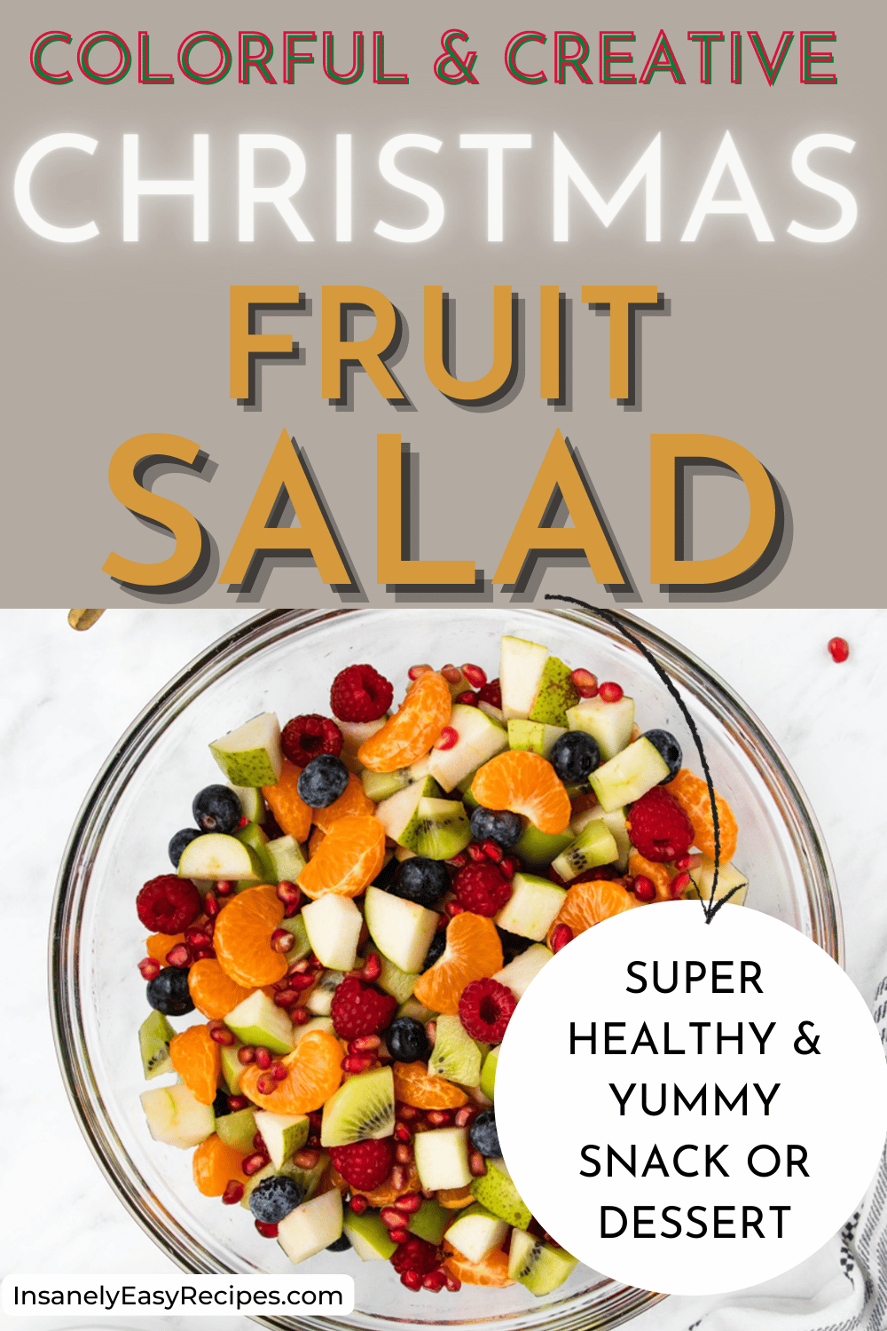 clear glass bowl of christmas fruit salad with text overlay colorful and creative christmas fruit salad