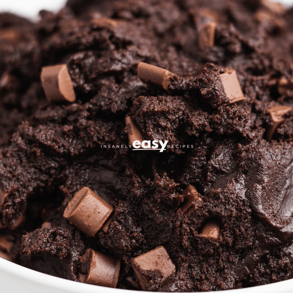 closeup photo of edible brownie batter with chocolate chunks