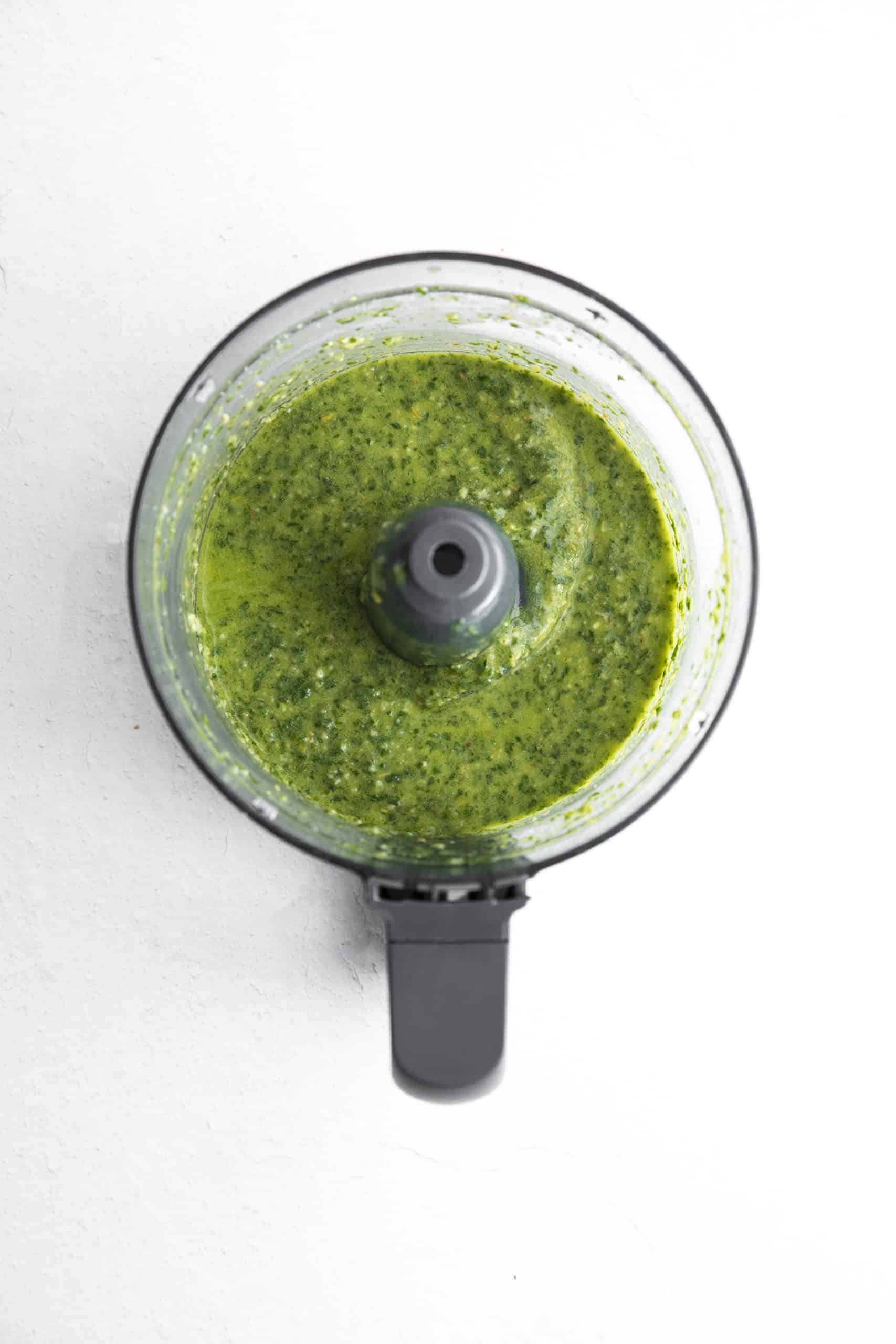 fully blended basil pesto in a food processor.