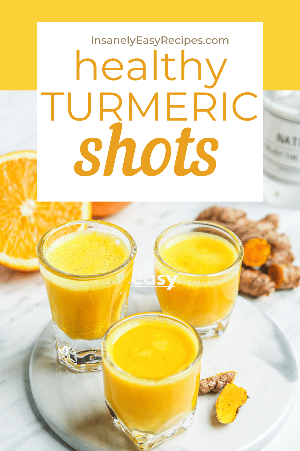 pinterest photo of 3 shot glasses filled with turmeric shots.