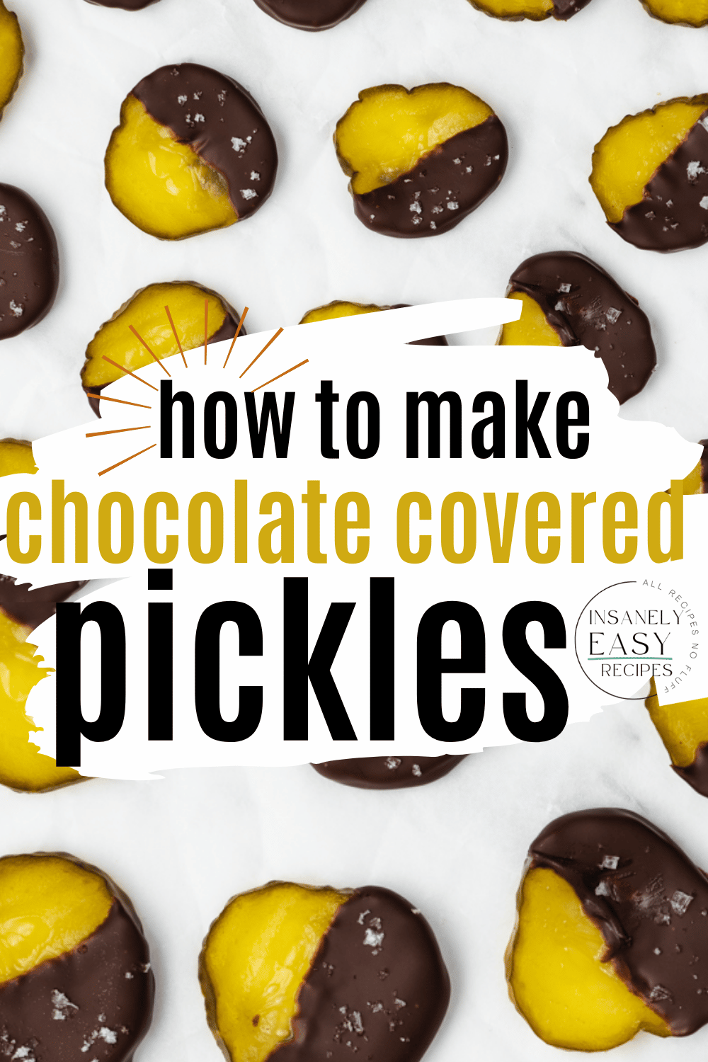 pinterest photo of a closeup of chocolate covered pickles