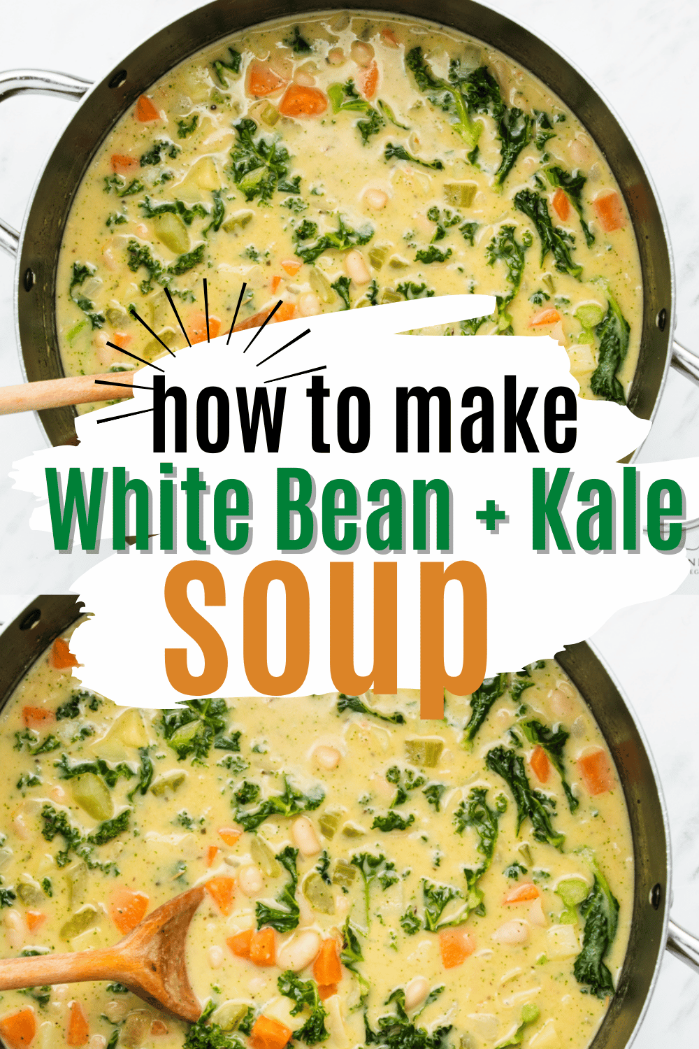 Images of creamy kale soup cooking in a pot. Text overlay says "how to make white bean + kale soup"