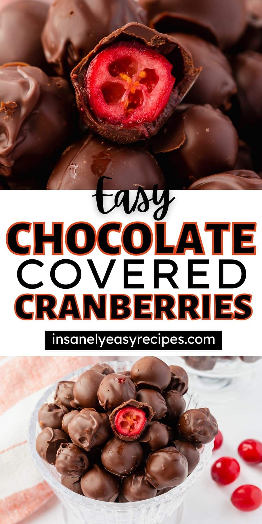 Pinterest pin collage for chocolate covered cranberries with two photos of cranberries