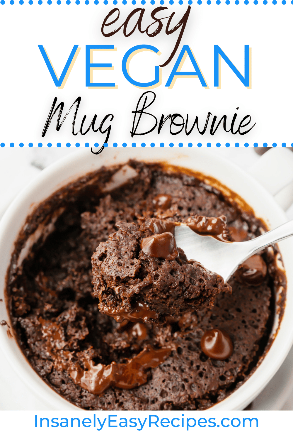 close up of brownie and gooey chocolate chips with spoon dipping some out with text overlay easy vegan mug brownie
