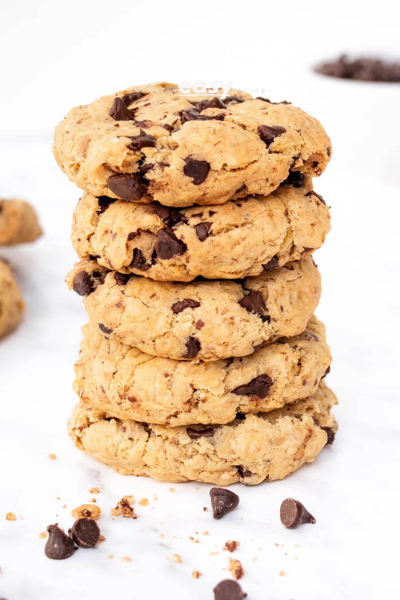 Photo of a stack of 5 Vegan Oatmeal Chocolate Chip Cookies
