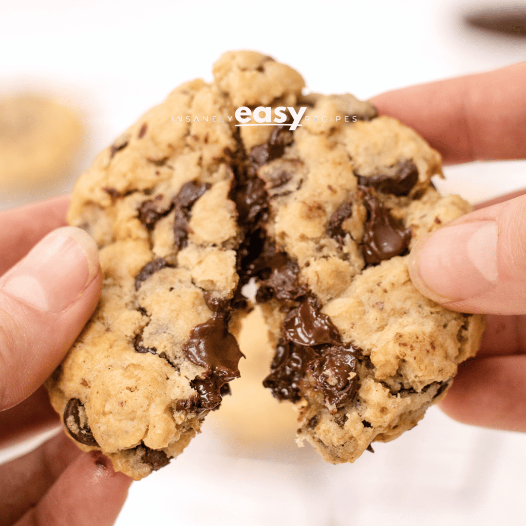 Photo of a hand breaking a Vegan Oatmeal Chocolate Chip Cookie in two pieces, showing the yummy soft inside.