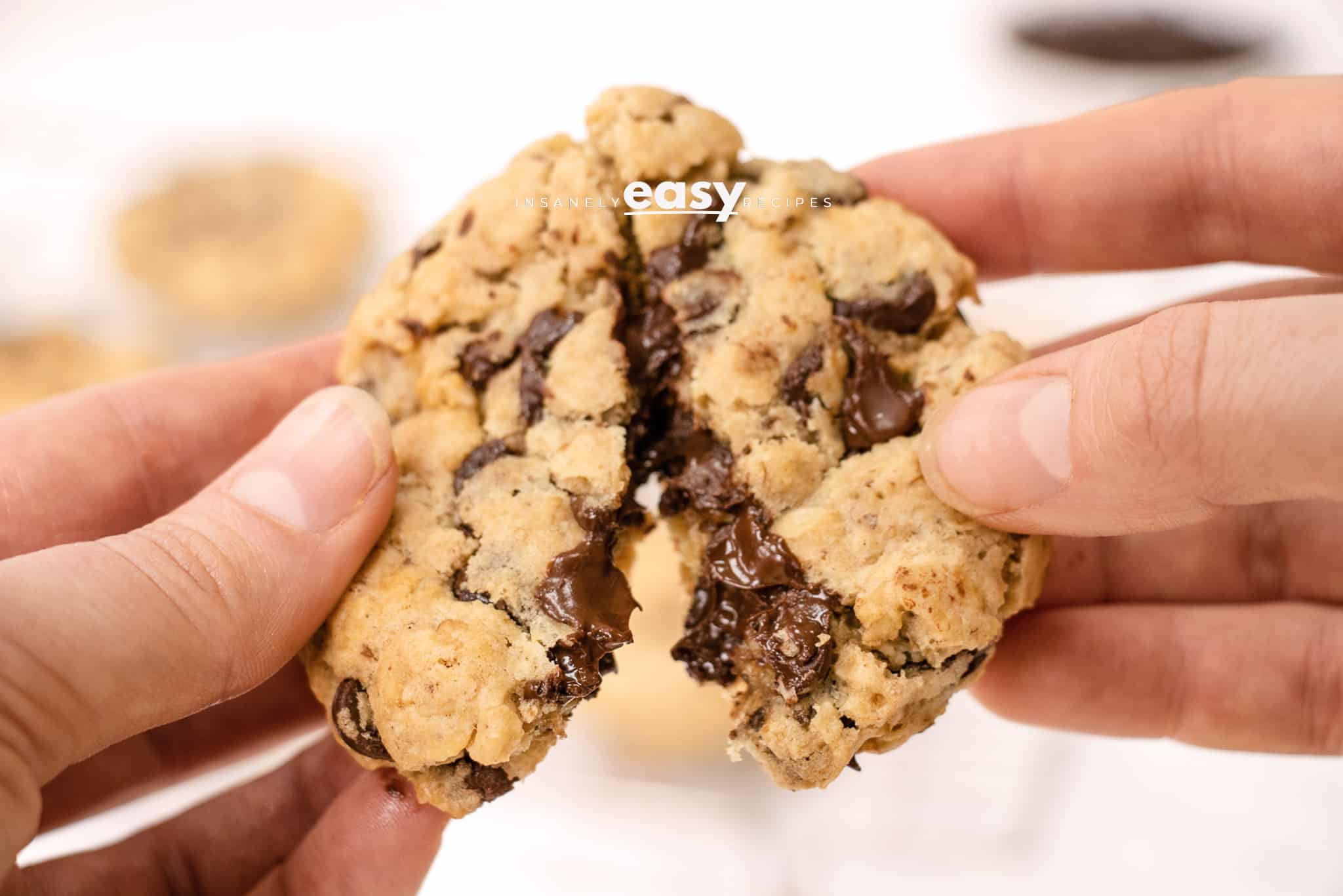 Photo of a hand breaking a Vegan Oatmeal Chocolate Chip Cookie in two pieces, showing the yummy soft inside.