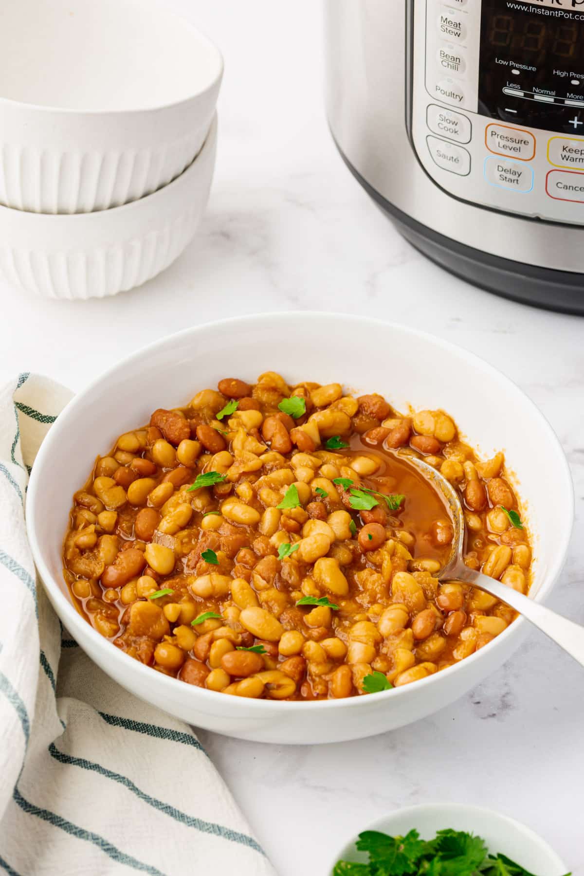 Photo of a white bowl with instant pot baked beans in the bowl, with a spoon in the bowl. It's garnished with freshly chopped parsley, and the instant pot is in the background. 