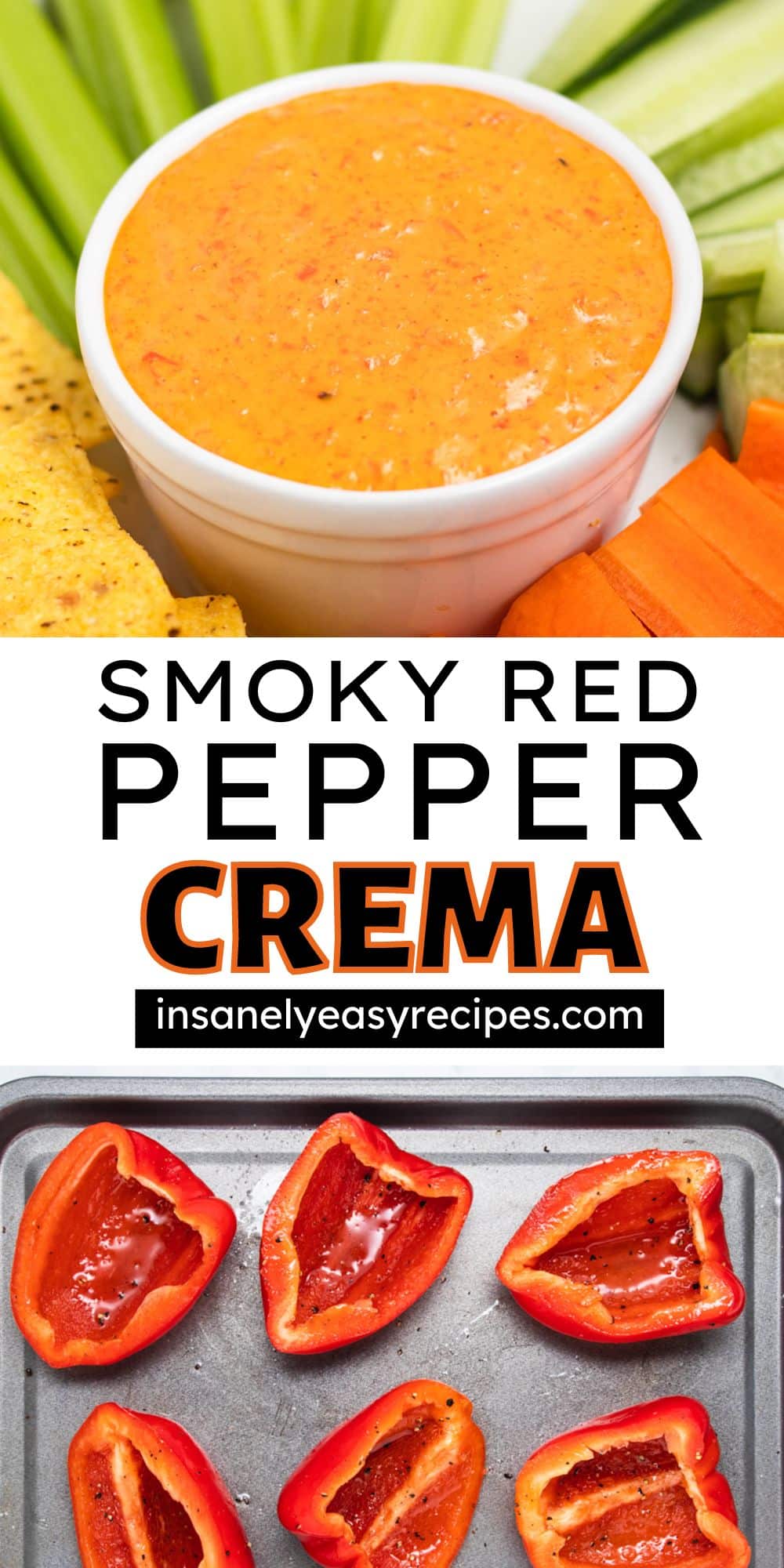 pinterest pin collage of smoky red pepper crema in a white bowl and a photo of peppers on a sheet pan