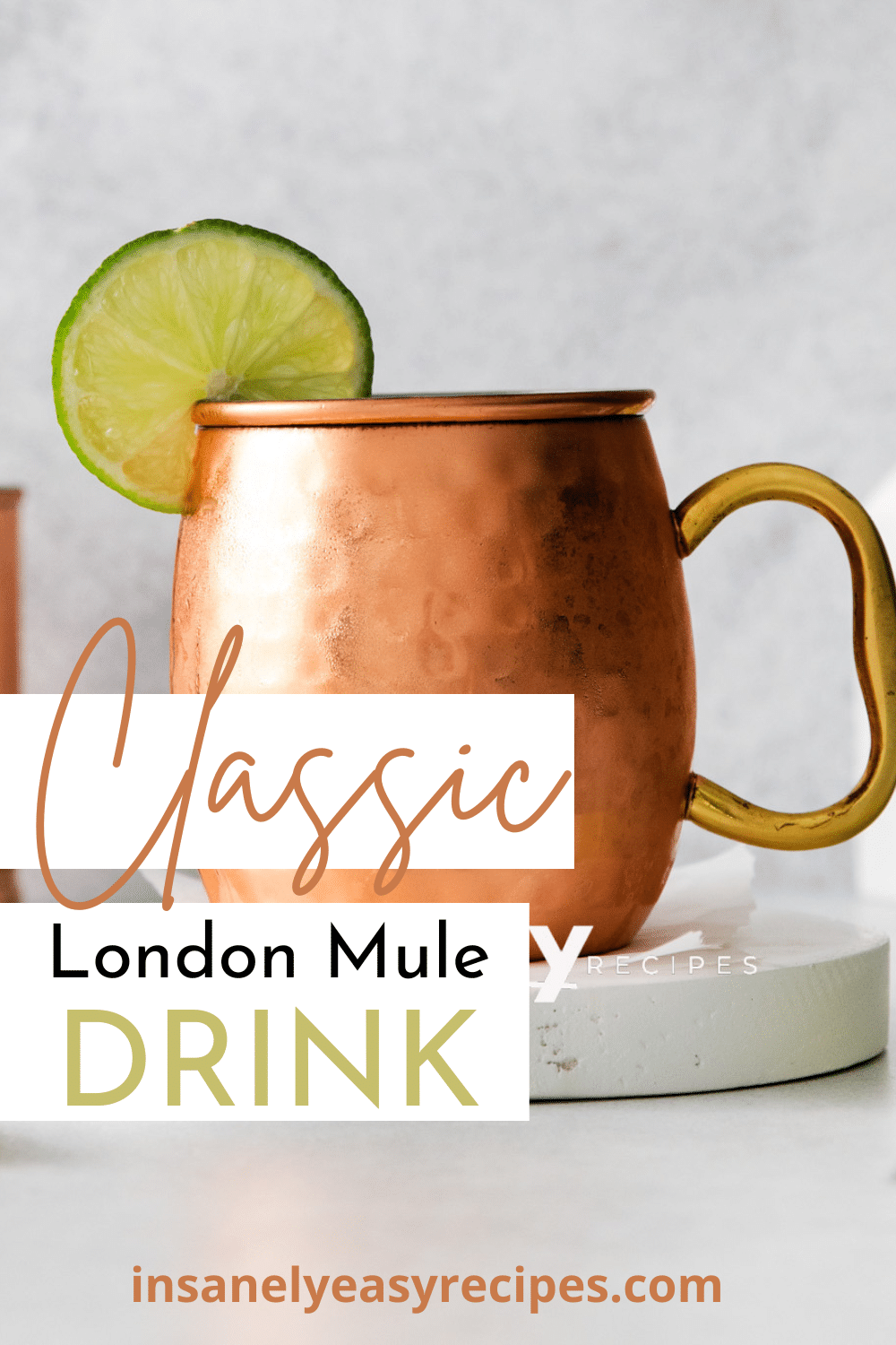 Pinterest photo of a London Mule cocktail in a cooper mug.