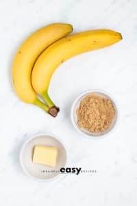 Photos of the ingredients to make caramelized bananas in separate bowls.