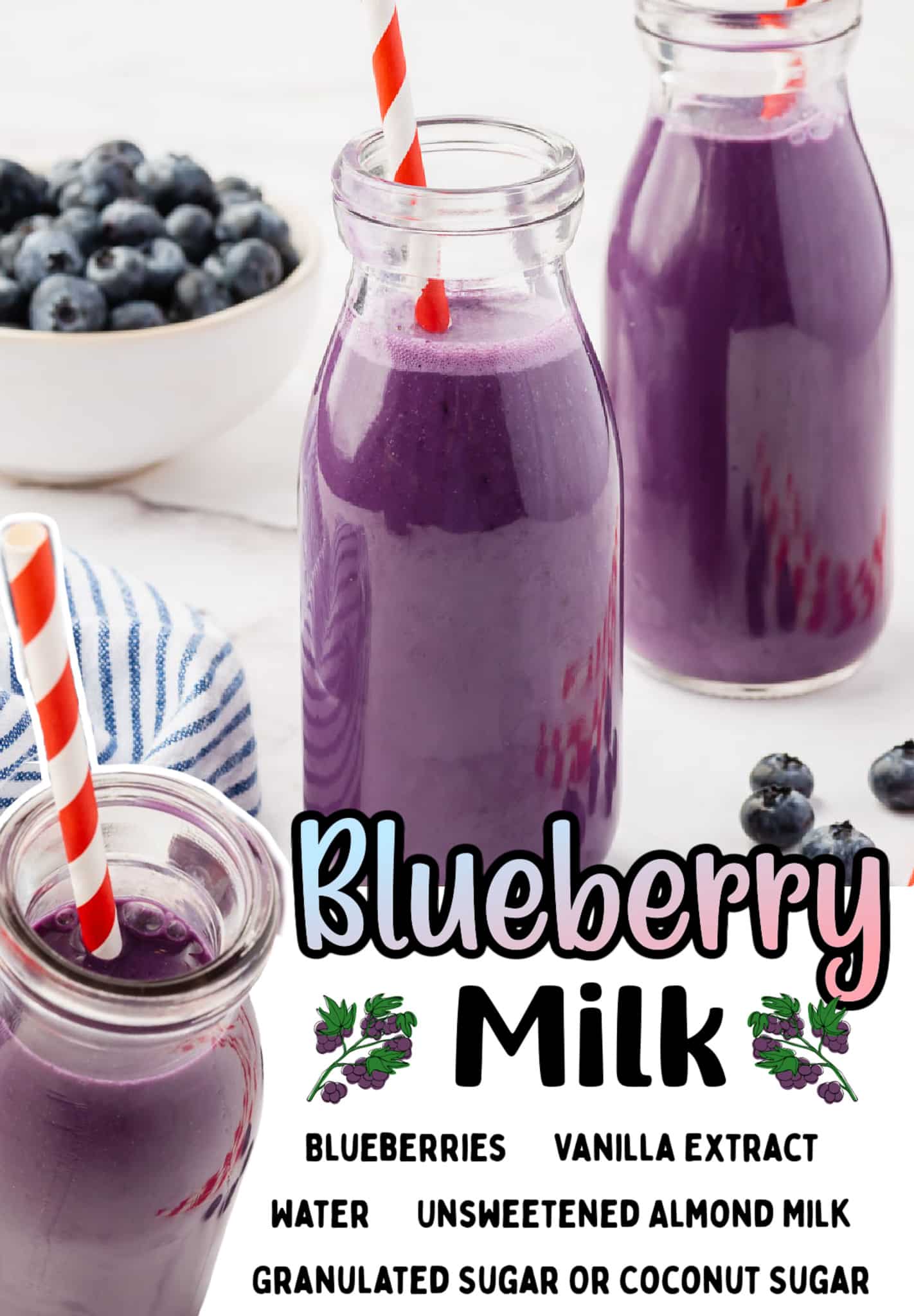 Images of glass bottles filled with purple milk. Text overlay says "blueberry milk" and lists the ingredients needed to make the recipe.
