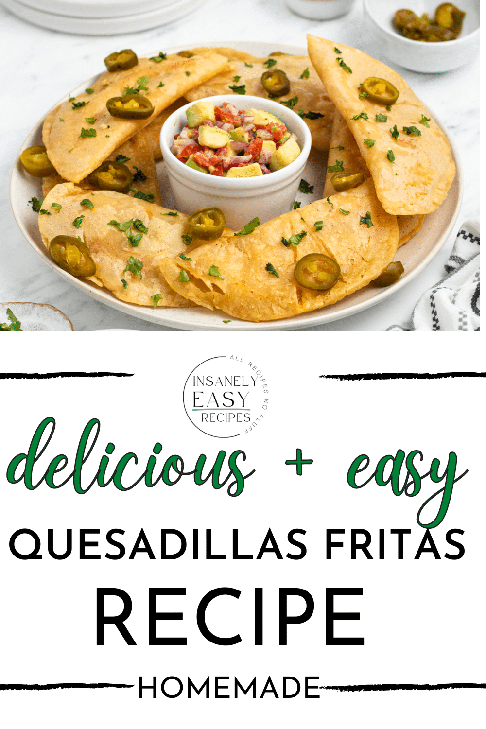 fried quesadillas on a platter with salsa in a cup in the center. Text at bottom half of photo says "delicious and easy quesadillas fritas recipe, homemade"