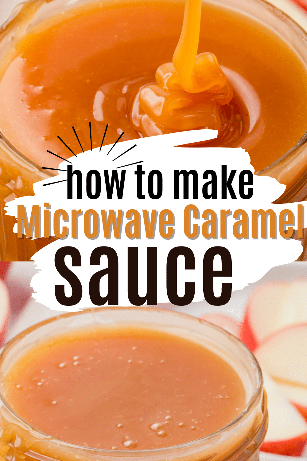 two photos of caramel. Text box in center says "how to make microwave caramel sauce"