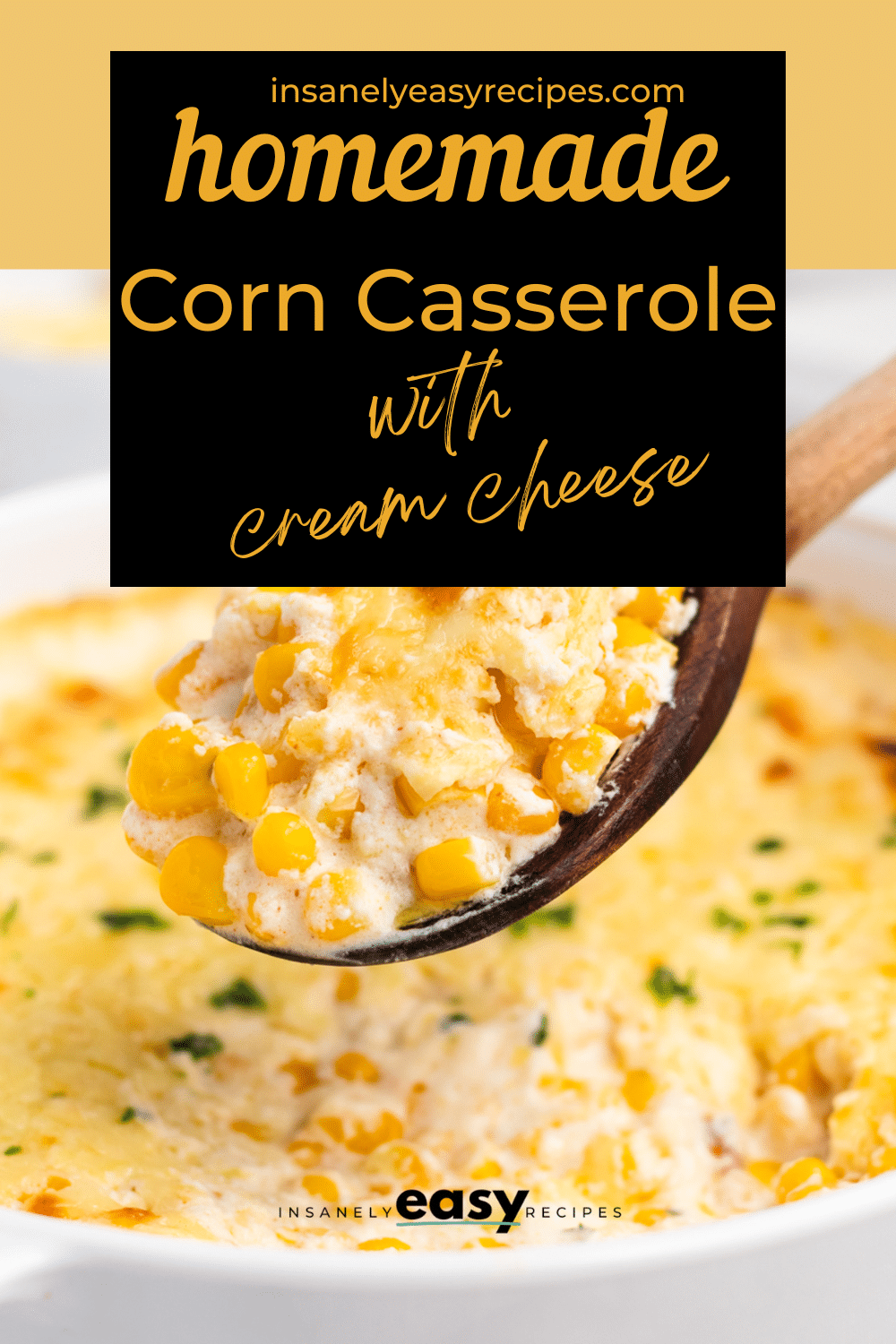 Pinterest photo of corn casserole with cream cheese. 