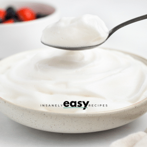 Photo of a small white bowl, filled with Aquafaba Whipped Cream. A silver spoon is scooping up a dollop of whipped cream in the image.