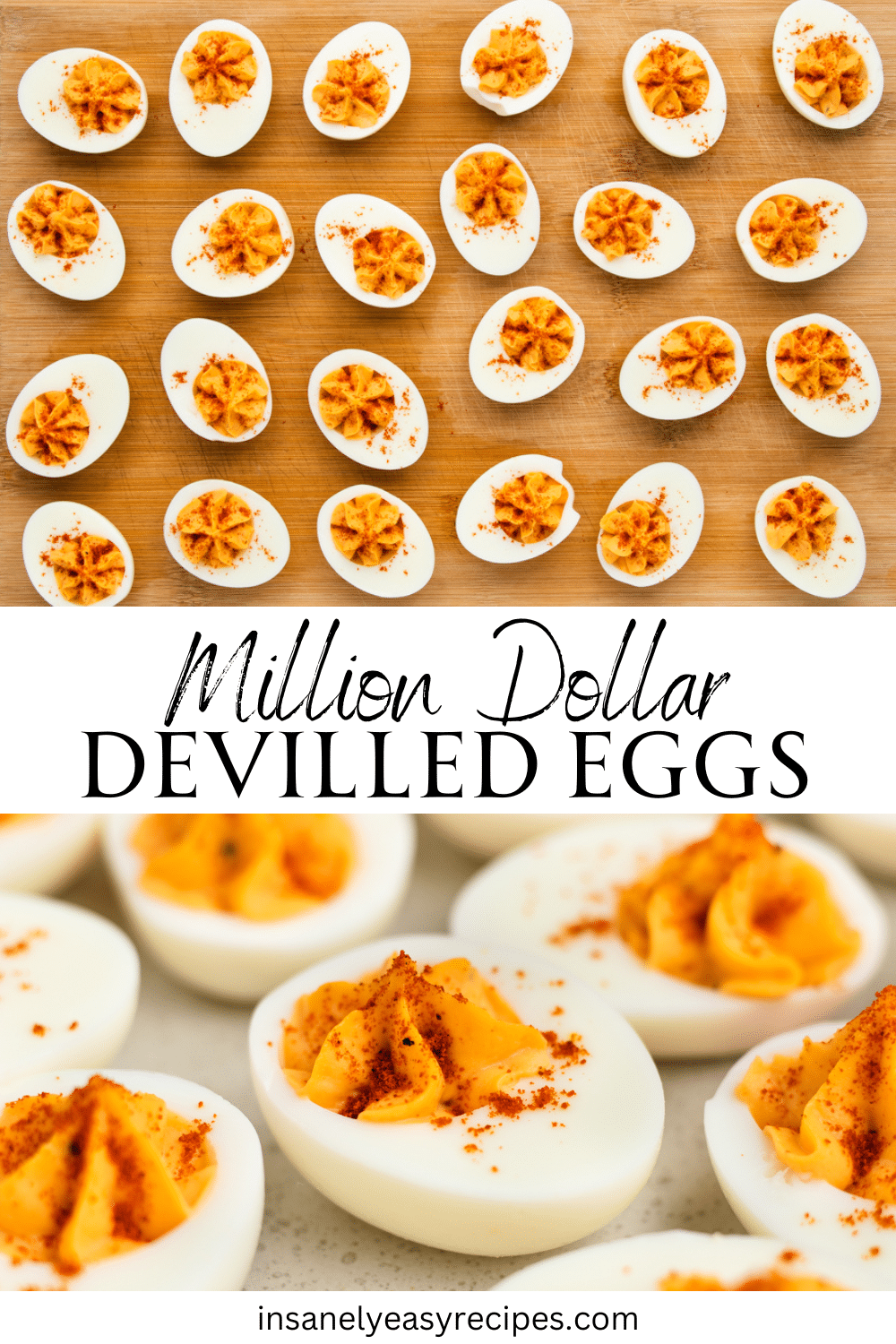 Images of deviled eggs. Text in center says "Million Dollar Devilled Eggs"